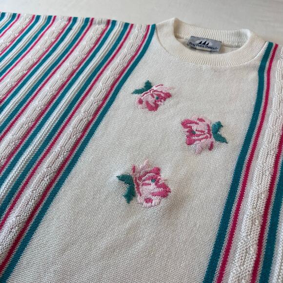 Bay Point Threads Vintage 1980's Flowers Striped Pink Blue Sweater Size Medium - Picture 5 of 9
